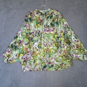 Pilcro Anthropologie Floral Dolman Sleeve Oversized Blouse Green 1X Cotton Voile
